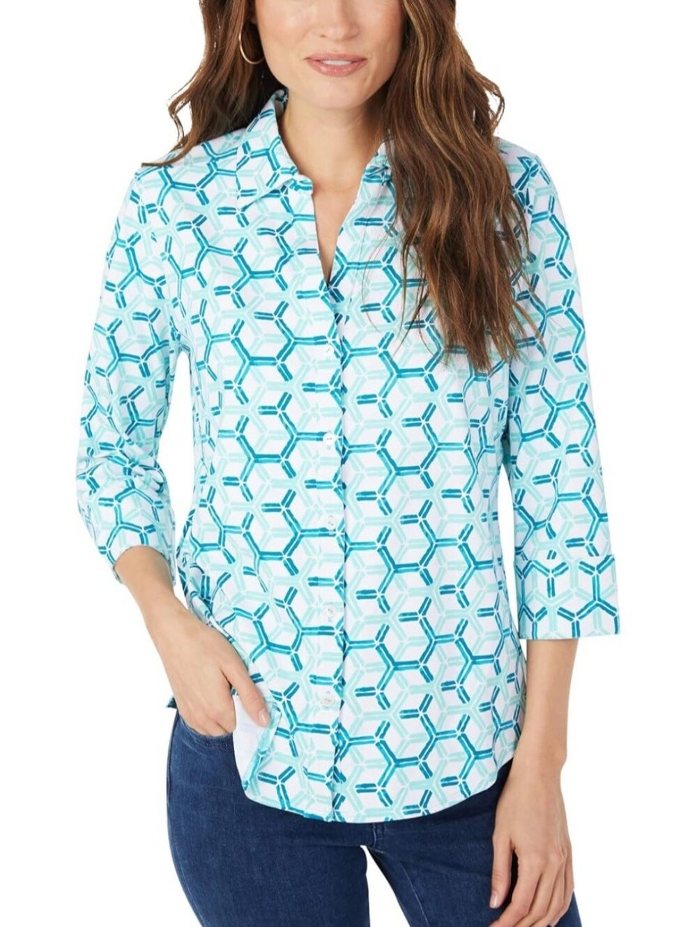 Foxcroft Mary 3/4 Sleeve Coastal Geo Jersey Blouse Size 1X Turquoise UPF 50+